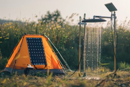 Solpaneler vid camping som driver dusch