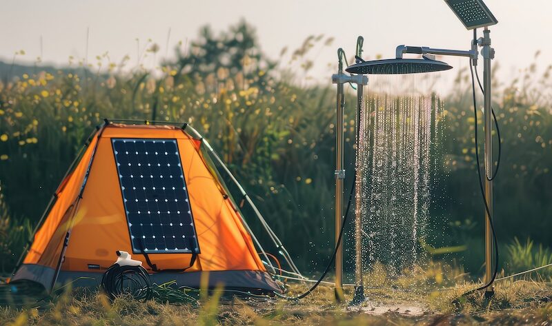 Solpaneler vid camping som driver dusch