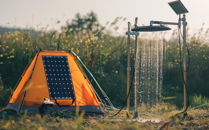 Solpaneler vid camping som driver dusch